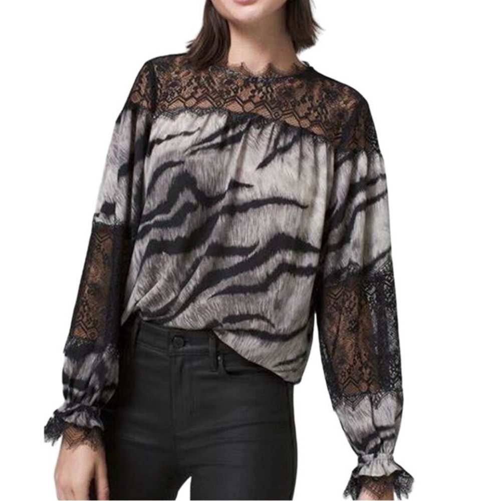 White House Black Market XL Lace Tiger Print Blouse Long Sleeve Sheer Yoke